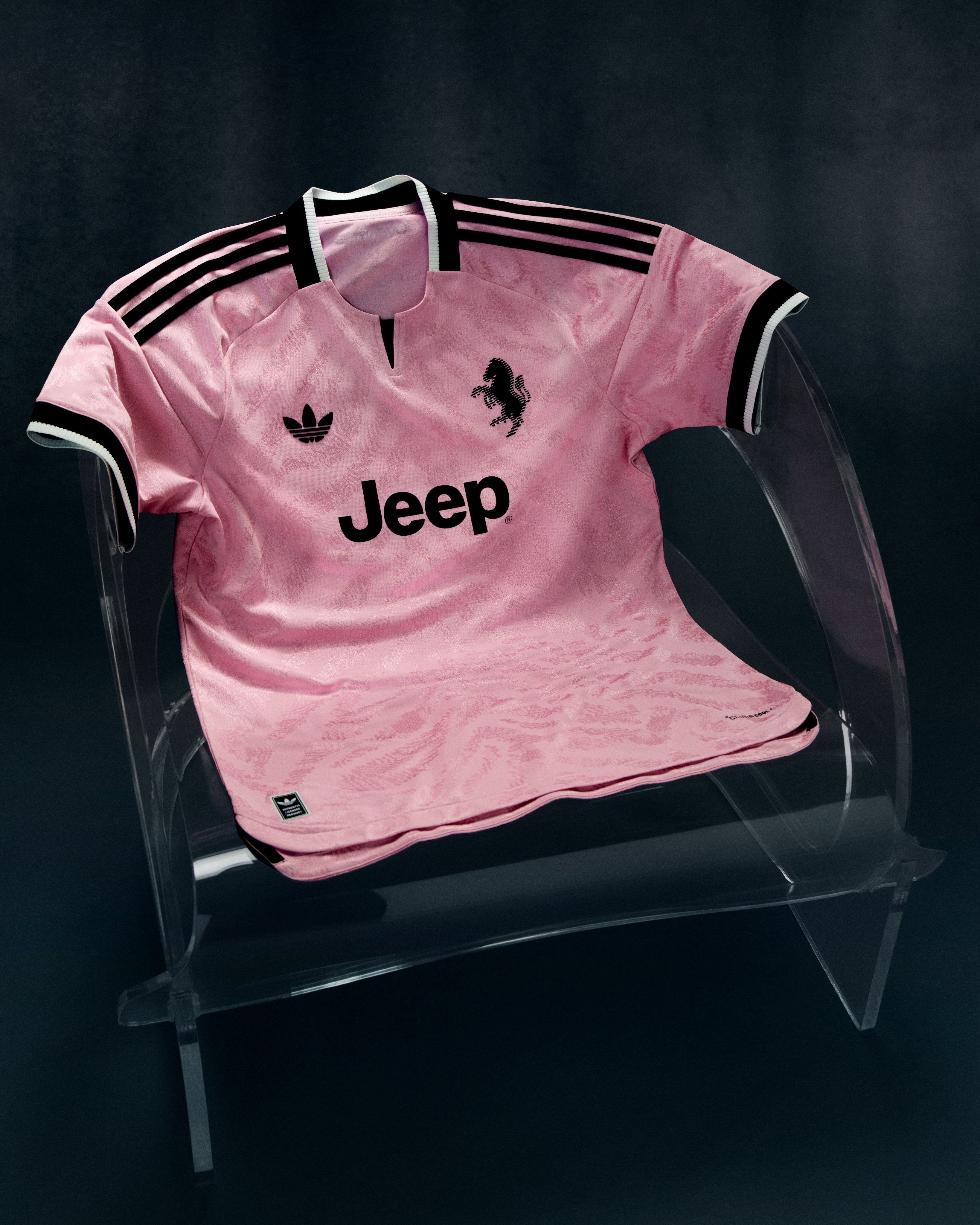 Juventus Away 2026-27 player version football jersey — soft pink with tonal zebra pattern and black trim