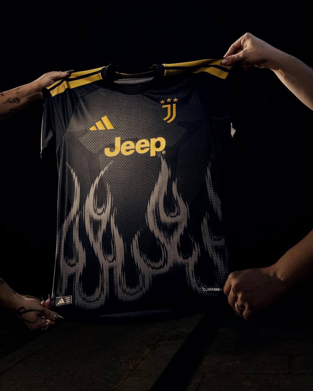 Juventus Third 2026-27 player version football jersey — black with tonal flame graphic and gold detailing