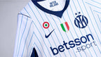 Wide detail of the Inter Milan 26/27 away kit, baseball-inspired white shirt with navy pinstriping