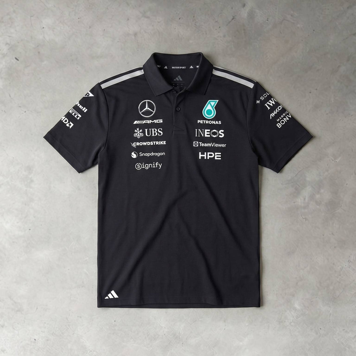 Mercedes-AMG F1 2026 team polo in black — Formula 1 teamwear sold in India by 365 Jerseys