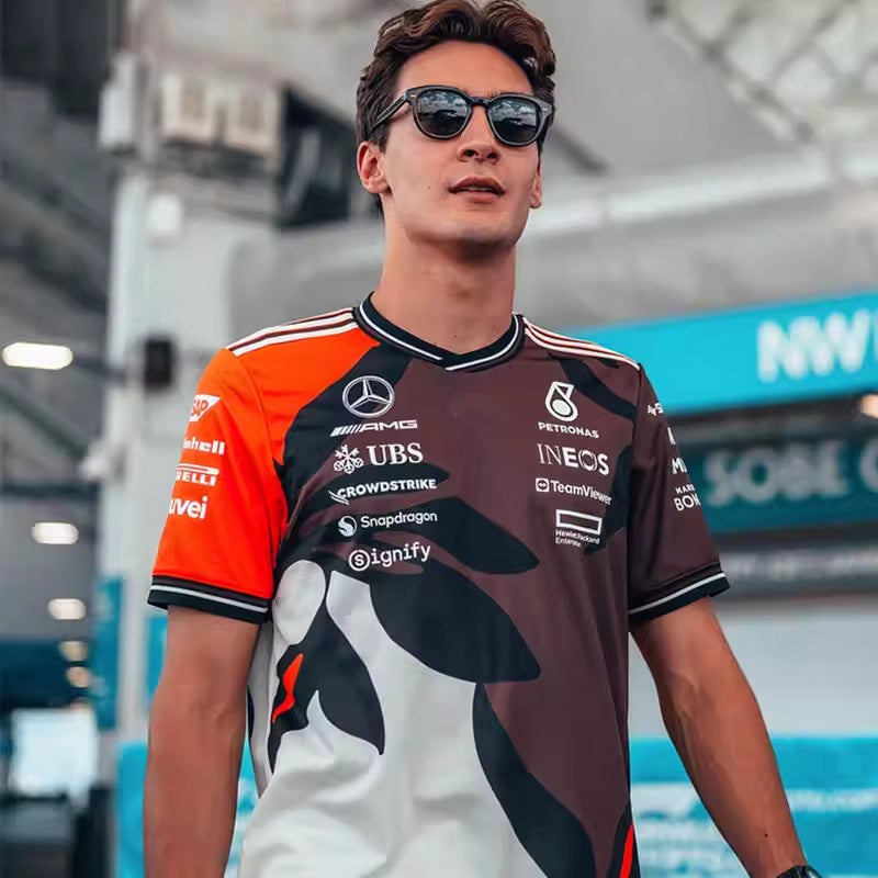 Mercedes-AMG F1 2025 Miami Grand Prix driver tee with floral print — Formula 1 teamwear sold in India by 365 Jerseys